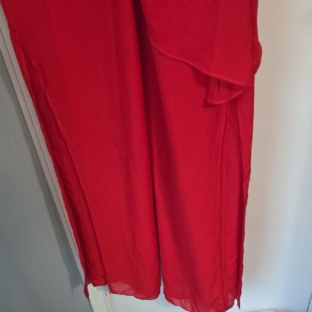 Nwot One-Shoulder Red Wide-Leg Jumpsuit with Sheer Draped Sleeve - Picture 9 of 11